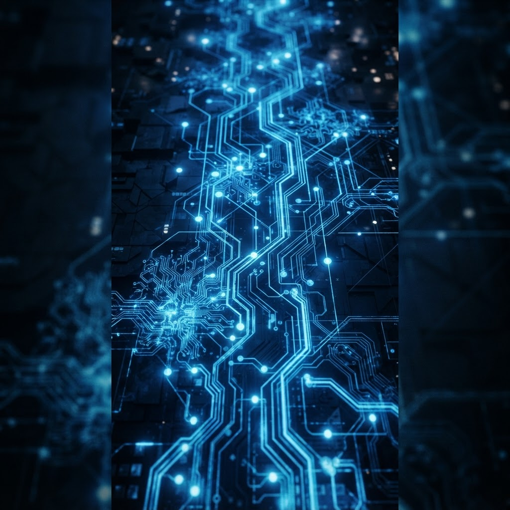 Placa de circuito com conexões de dados iluminadas