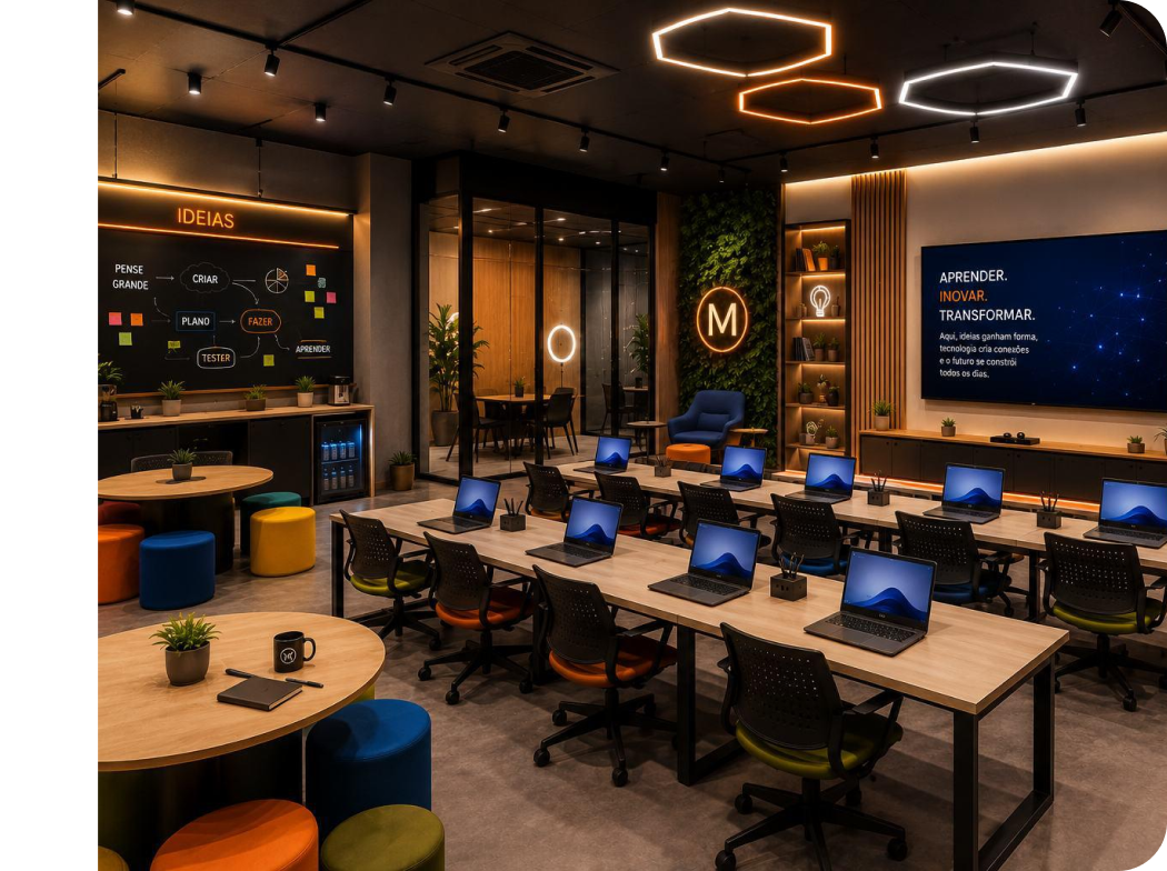 Centro de Aprendizagem em IA e Inovação Manager com laptops, mobiliário modular e painel Aprender. Inovar. Transformar.